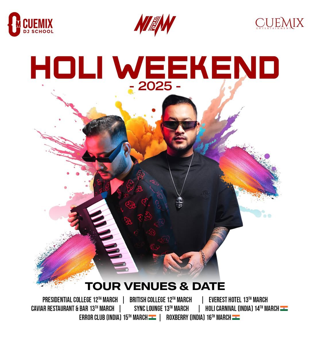 Event flyer: Holi Weekend 2025 tour, Cuemix DJ School