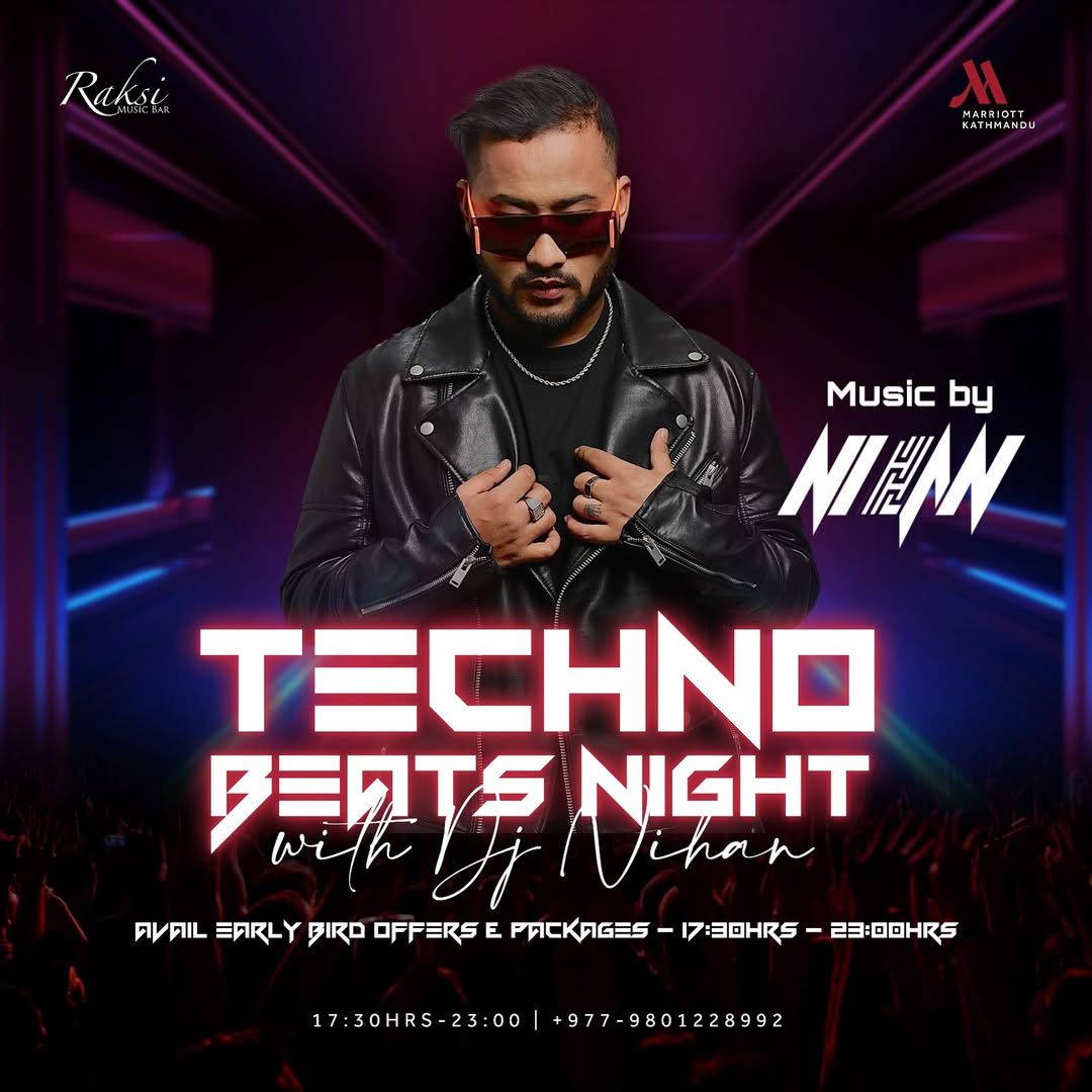 Event flyer: Techno Beats Night at Raksi Music Bar, Marriott